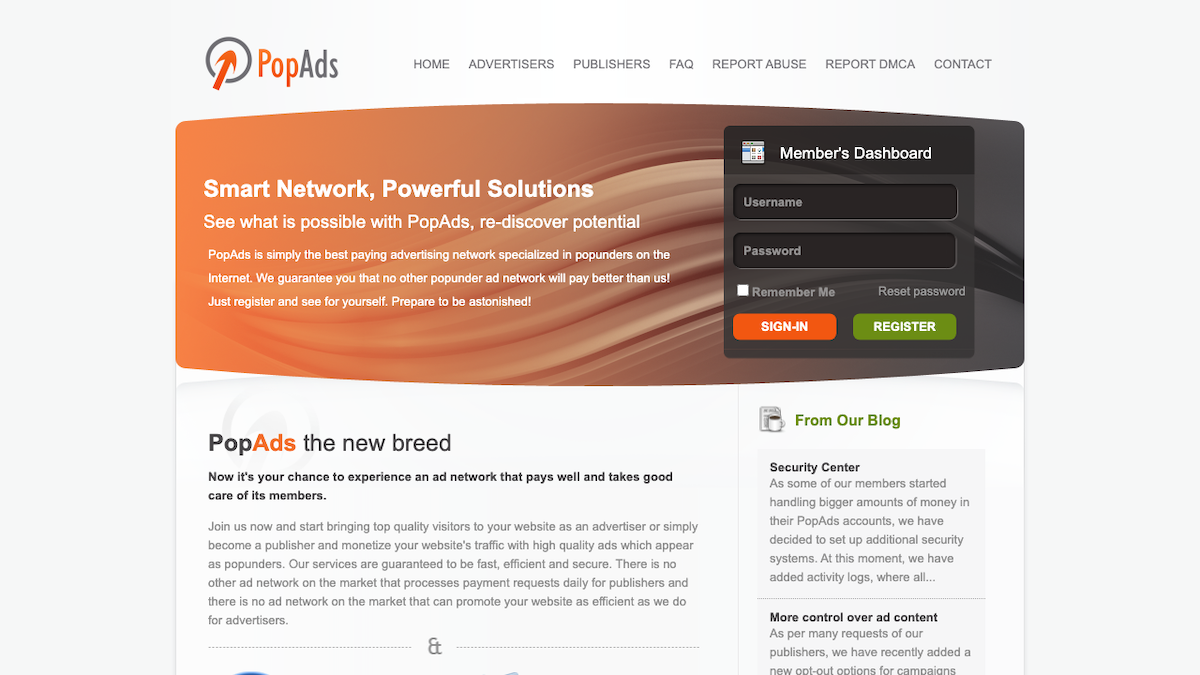 Screenshot of PopAds ad network