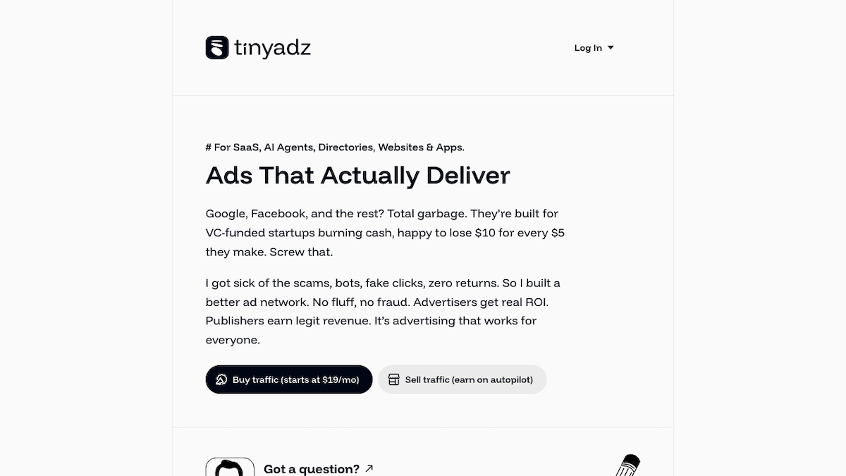 Screenshot of TinyAdz ad network