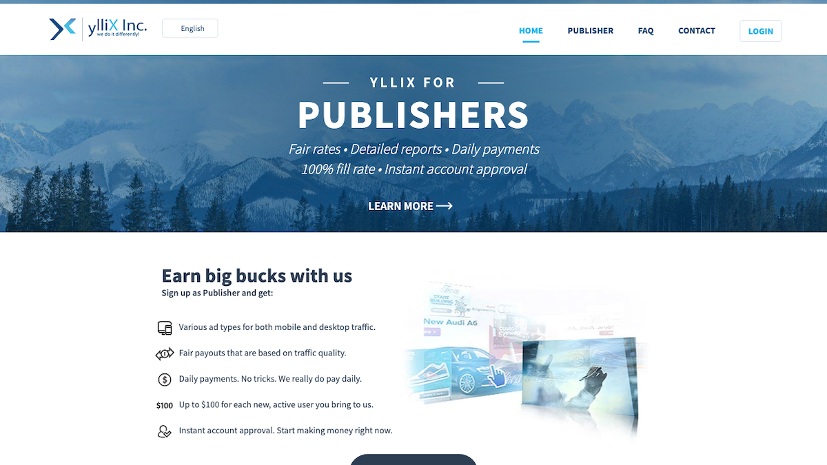 Screenshot of Yllix ad network